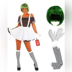 Women's Black and White Chocolate Factory Costume Set with Green Wig